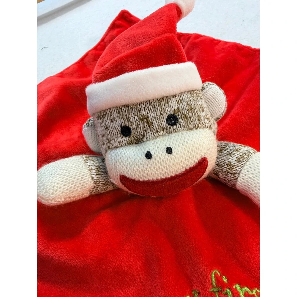 My First Christmas Sock Monkey Baby Security Blanket Red Plush Lovey Santa Hat